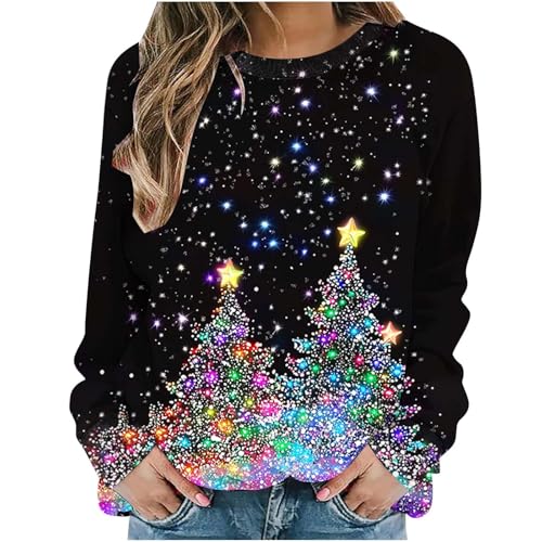 Keepink Sparkly Christmas Jumpers for Women UK Oversized Round Neck Pullover Womens Glitter Christmas Tree Print Sweatshirt Ugly Xmas Sweater Holiday Party Tops Funny Outfits