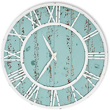 Coastal Shiplap Wall Clock - 24 Inch - White Metal Frame - Roman Numerals - Beach Kitchen - Colorful Decorative Clock - Rustic - Silent Ticking - Wooden Nautical Home