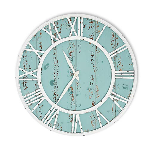 Coastal Shiplap Wall Clock - 24 Inch - White Metal Frame - Roman Numerals - Beach Kitchen - Colorful Decorative Clock - Rustic - Silent Ticking - Wooden Nautical Home