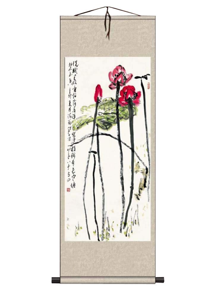 ADCVGbh Pintura en rollo de seda, pinturas decorativas, rollo de pared de arte chino, pintura en rollo chino, decoración del hogar, rollo de seda, arte colgante, flor de loto, 09 (color: Color25)