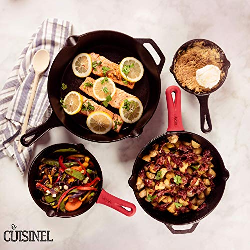 Image of Cuisinel Cast Iron Skillets Set - 4-Piece Chef Pans Kit - 6 inch + 8 inch + 10 inch + 12 inch-Inch + 4 Silicone Grip Handle Holders - Pre-Seasoned Oven Cookware - Use Indoor /Outdoor, Grill, Stovetop, BBQ, Firepit