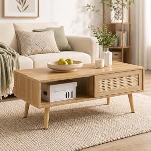 Rattan Coffee Table with Sliding Storage Door, 41.34” Rectangular Wood Center Table with Solid Wood Legs, Modern Boho Living Room Coffee Table for Apartment, Light Wood