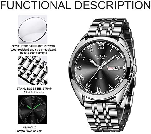 LIGE Mens Watches Fashion Elegant Analog Quartz Stainless Steel Business Male Wristwatches with Date 3ATM Waterproof Classic Casual Gents Dress Watch Round Dial