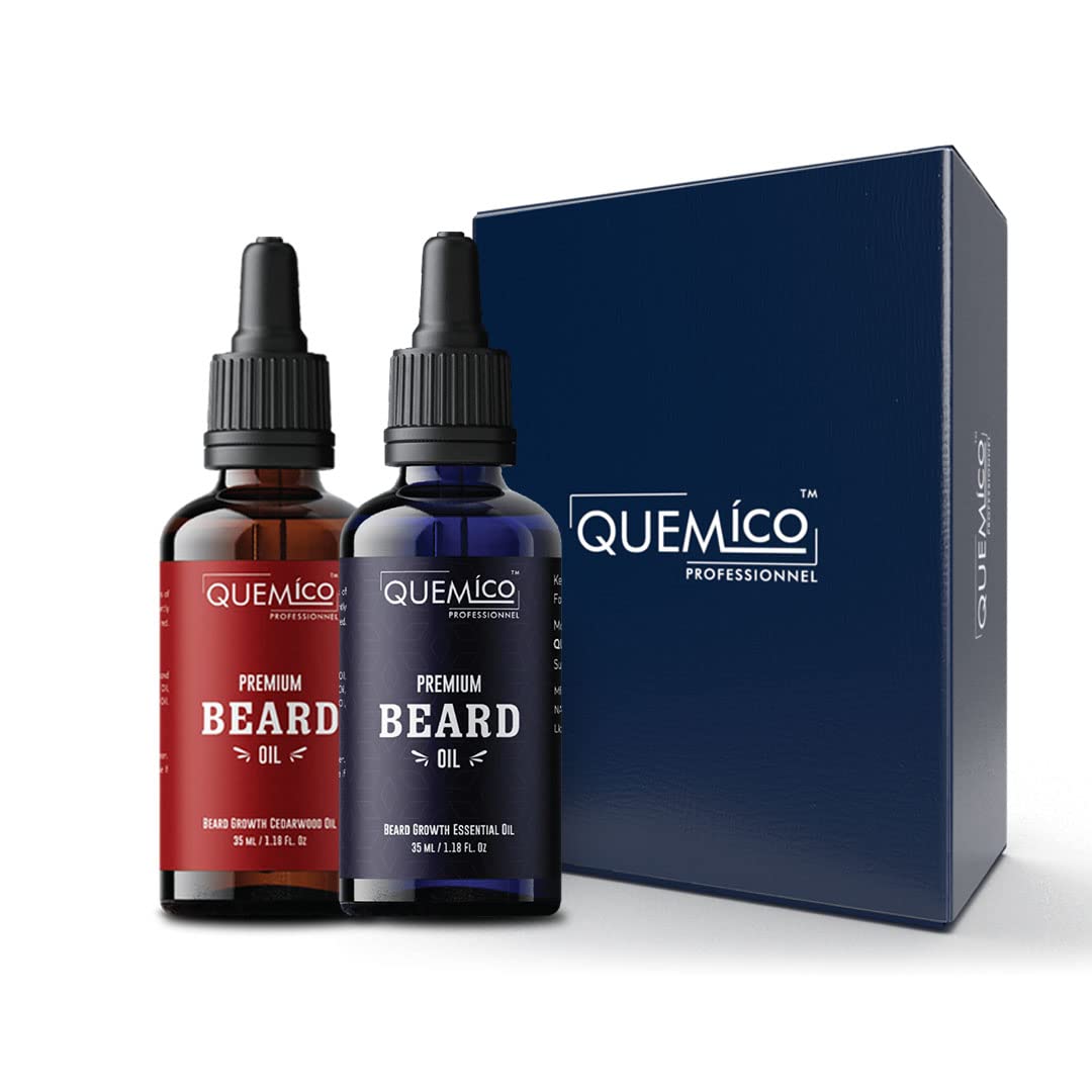 Quemico Professionnel Premium Beard Oils Gift Box - Almond oil + Cedarwood Oil set For Itch-Free & Thicker Beard Growth | 35ml each (Almond + Cedarwood)