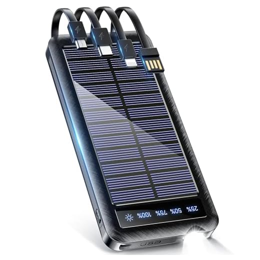 ソーラーモバイルバッテリー 【2025新モデル・5台同時充電・4本ケーブル内蔵】 ソーラーチャージャー 23800mAh大容量 防災士監修 急速充電 Type-C モバイルバッテリー IPX7防水 耐衝撃 携帯 スマホ充電器 携帯便利 災害用バッテリー IP67防水 LEDライト付き 停電対策 SOSモード 地震/災害/旅行/アウトドア 各種デバイス対応 (ブラック)