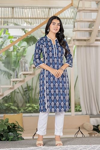 Image of Women's Cotton Straight Kurti with Geometric Print, 3 /4 Sleeves, Lace Trim Detail, Regular Fit, Casual Wear