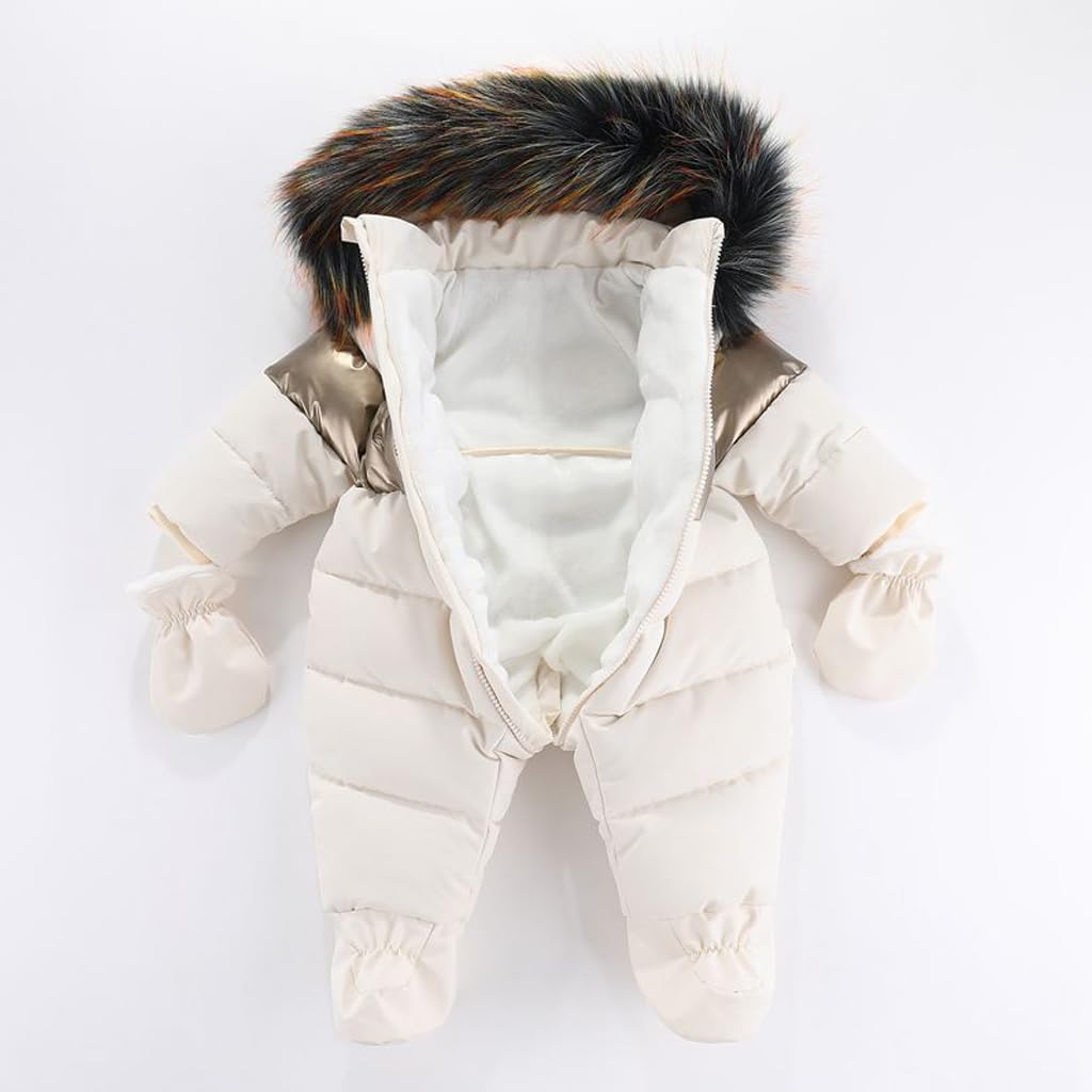 Winter Baby Jungen Schneeanzug Kapuze Strampelanzug Kleinkind Mädchen Fleece Strampler Füßlinge Oberbekleidung Reißverschluss Mantel Outfits mit Handschuhen Weiß 12-18 Monate