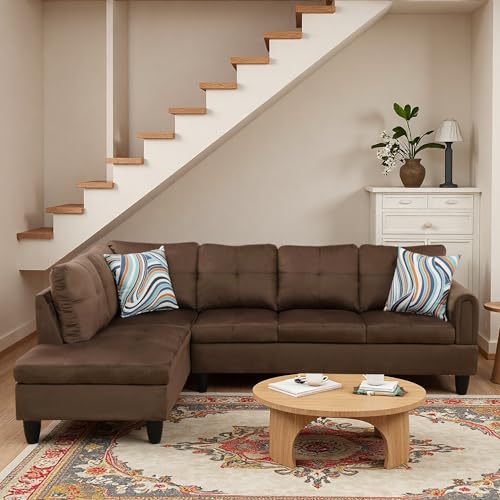 Image of L-Shaped Sectional Sofa, Modern 4-Seat Couch with Left Facing Chaise, Sectional Couch for Living Room, Apartment, Office, Chocolate