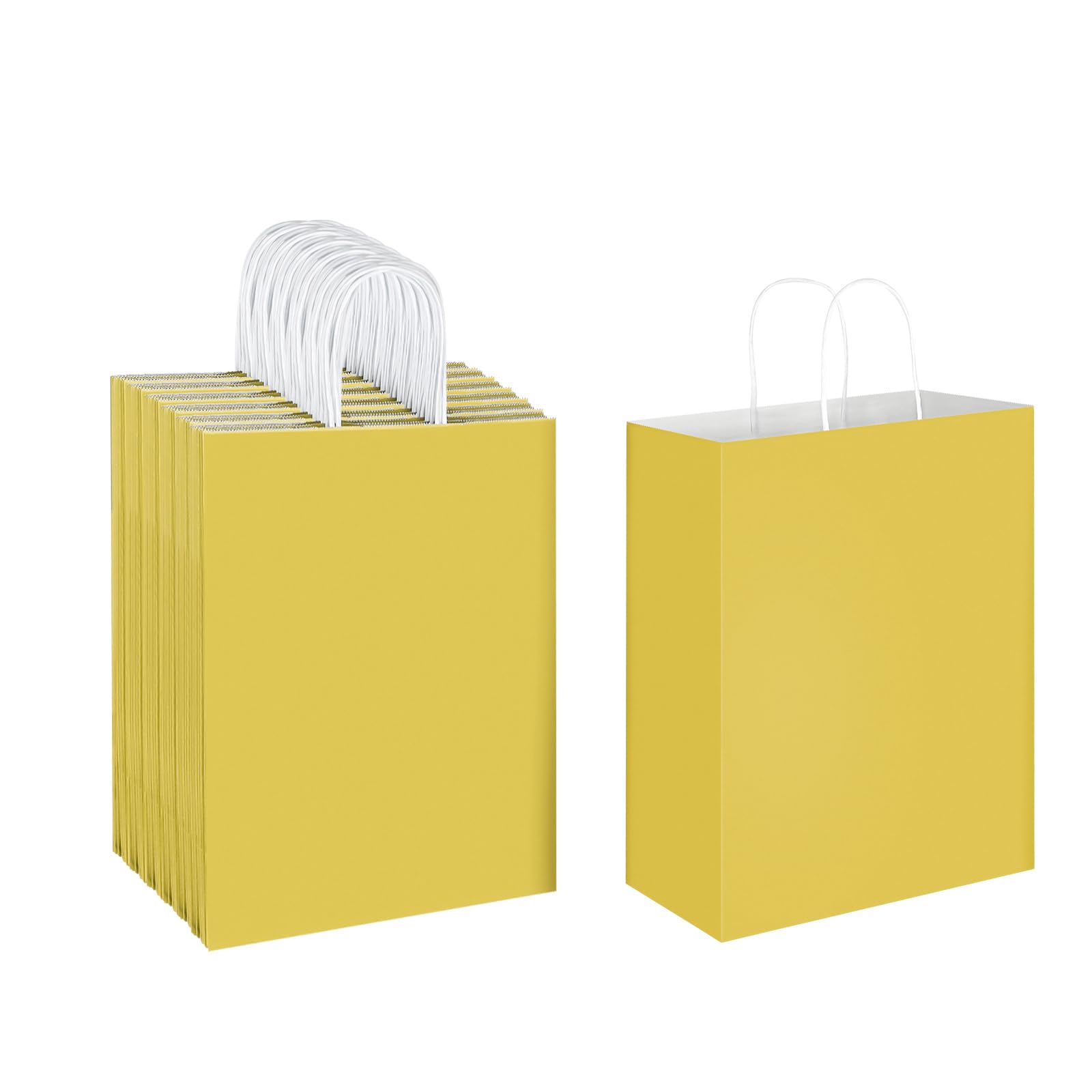Oikss 50 Pack 10x5x13 Yellow Kraft Paper Bags with Handles Bulk for Birthday Party Favors Grocery Retail Shopping Business Goody Recycled Craft Gift Bags (Large Size, 50 Count)