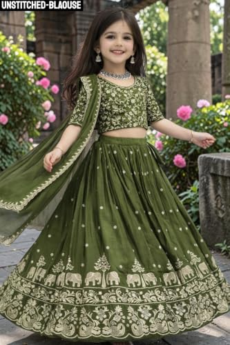 Image of Kids Chiffon Lehenga Choli, Embroidered Elephant and Floral Print, Festive Ethnic Wear with Dupatta