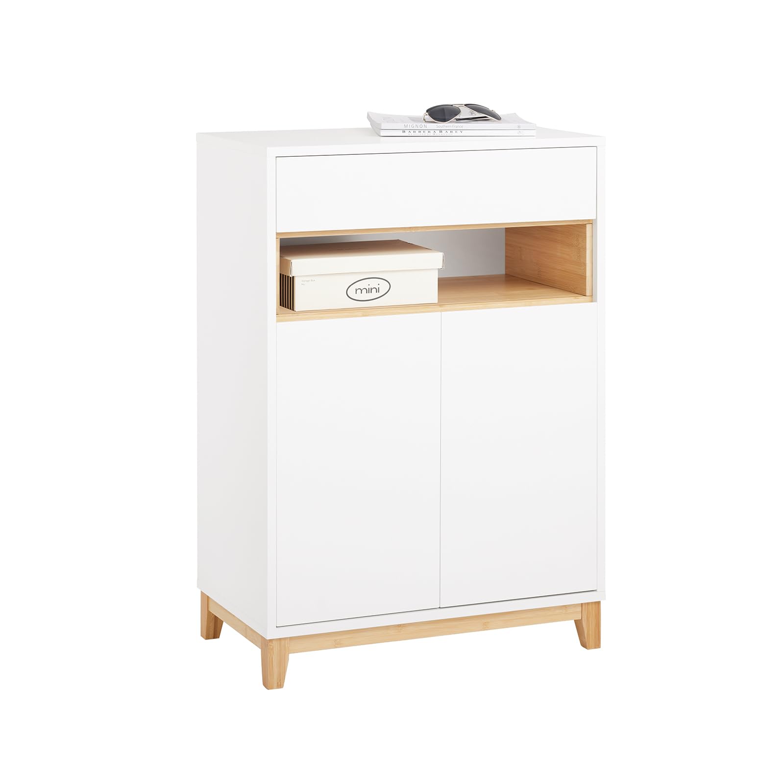 SoBuy Sideboard Kommode Küchenschrank – Modernes Bambusdesign mit Schublade & höhenverstellbarem Regal – Kompakte Flurschranklösung für Wohnzimmer Küche – Weiß/Natur 60x85x34cm – FSB97-WN