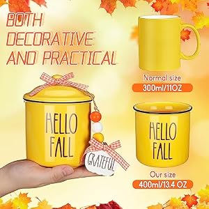 Tanlade Fall Coffee Mugs Thanksgiving White Orange Cups with Lid Autumn Hello Fall Yall Ceramic Mug with Buffalo Plaid Bowknot Pumpkin Beads String for Farmhouse Centerpiece Gift