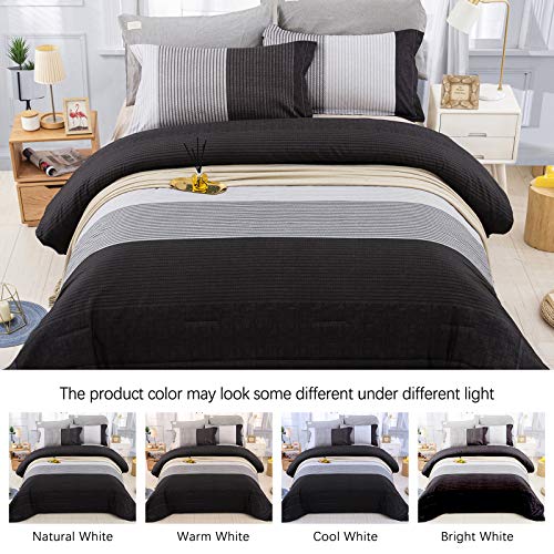 Black Comforter Set Queen, Reversible Black Grey Stripe Down Alternative Comforter For All Season,3 Pieces(1 Patchwork Comforter+2 Pillowcases), Soft Microfiber Bedding Duvet Set 90”×90” #TOP6