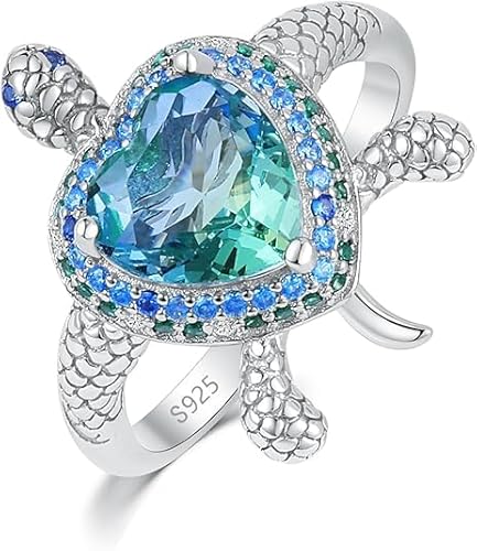 EJALEN 925 Sterling Silver Turtle Ring with Blue Crystal Cubic Zirconia Platinum Plated Bithday Mothers Day Ocean Theme Jewelry gift for Women Mom and Daughter 7#