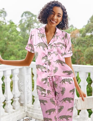 Image of Ekouaer Silk Satin Pajamas Set Floral Print Button Down Pjs Soft Loungewear Pink Leopard Print XX-Large