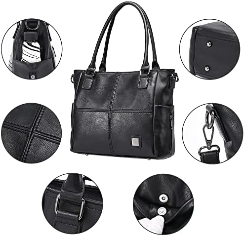 JANZORE Women Handbags Large Leather Tote Bag Ladies Fashion Vegan Soft Multi Pocket Large Capacity with Compartments Laptop Handbag Vintage Shoulder Bag for Work School Office