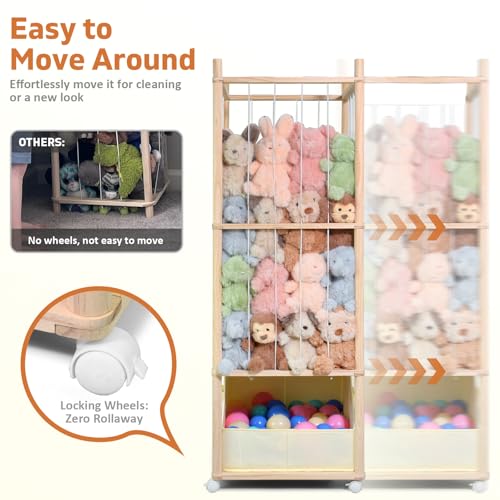 Image of Stuffed Animal Storage with Tiny Toys Tray, Wood Stuffed Animal Zoo Storage with Brake Wheels, Space-Saving Plushie Playhouse for Nursery, Playroom, Kids Bedroom- Easy Assembly