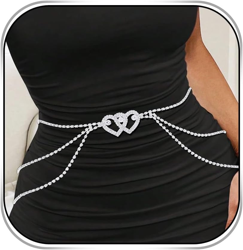 CanB Rhinestone Waist Chain Silver Love Waist Chains Belt Layered Belly Body Chains for Women