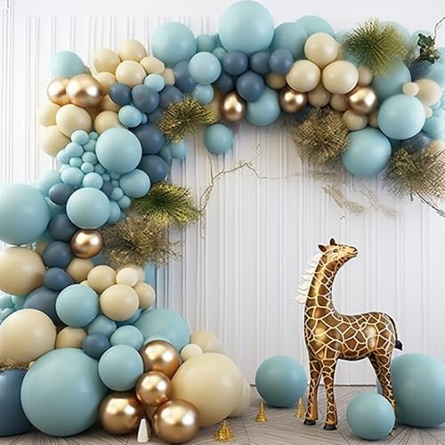 Image of PartyWoo Blue and Gold Balloons, 140 pcs Boho Blue and Chrome Gold Balloons Different Sizes Pack of 18 Inch 12 Inch 10 Inch 5 Inch for Balloon Garland Arch as Birthday Decorations, Party Decorations