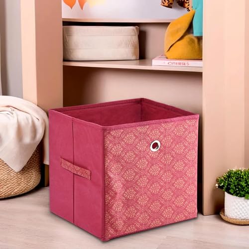 Image of Urbane Home Storage Box | Foldable Square Storage Box with Ring | Golden Print | Cloth Organiser for Wardrobe | Non-Woven | Cupboard Organizer | Ideal for Toys, Books, Shoes | Maroon