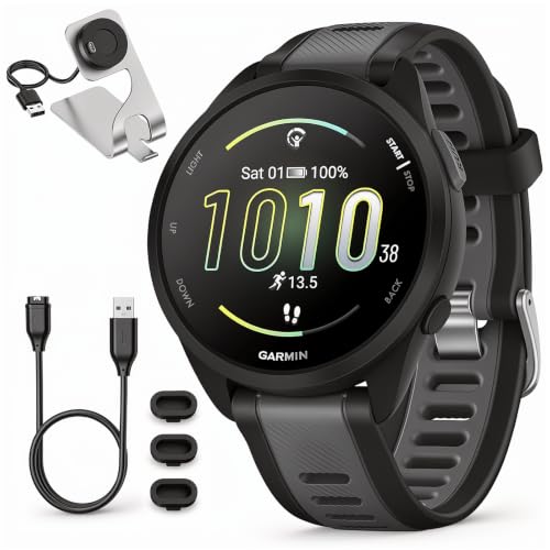 Image of Garmin 010-02863-20 Forerunner 165 Smart Sport Watch, Black + Slate Gray Bundle with Deco Essentials Charging Dock, 3X Silicone Dust Cover and USB Type C Charging and Sync Cable