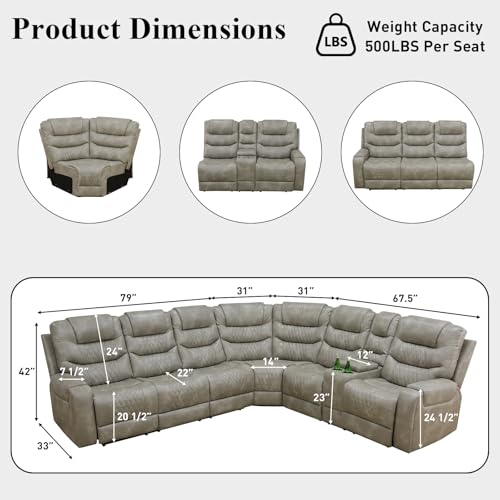 Image of Power Reclining Sectional Sofa Set, Leather Reclining Sectional Couch with USB Ports & Storage, Living Room Sofa Set for Modern Living Room Comfort (Grey)