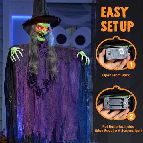 Image of JOYIN 72 inch Halloween Hanging Witch Decorations Outdoor, Flying Ghost Decor Green Face Life Size Sound Activated Light Up Eyes Party Supplies for Garden Haunted House Front Porch Door Scary Modern