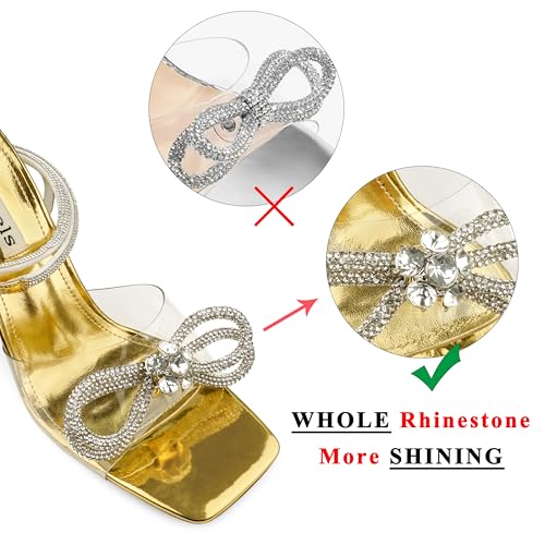 Image of Zzheels Double Bowknots Crystal Clear Heels Strappy Sandals | Clear Slingback Heels, Sparkly Rhinesotne Bow, Square Toe, Party, Dating