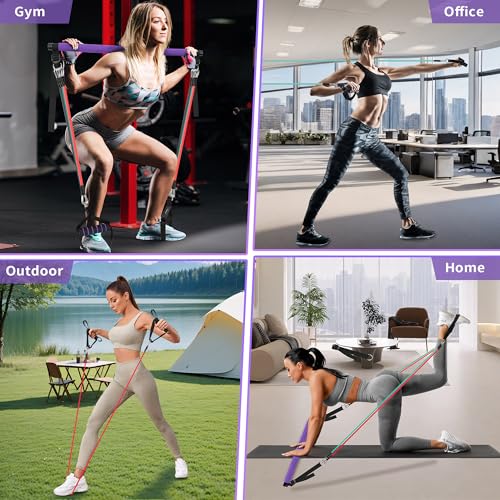 Image of Goocrun Portable Pilates Bar Kit with Resistance Bands for Men and Women - 3 Set Exercise Resistance Bands - Multifunctional Home Gym - Supports Full-Body Workouts - with Fitness Poster and Video