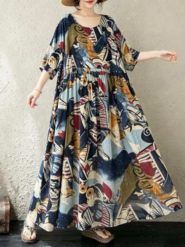 Image of Women's Plus Size Dresses Casual Vintage Printed Summer Baggy Dress