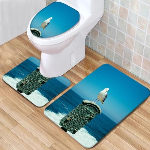 Badvorleger Set Möwe-Ozean-Landschaft Badgarnitur 3 Teilig, Bodenvorleger U-förmiger WC-Vorleger...