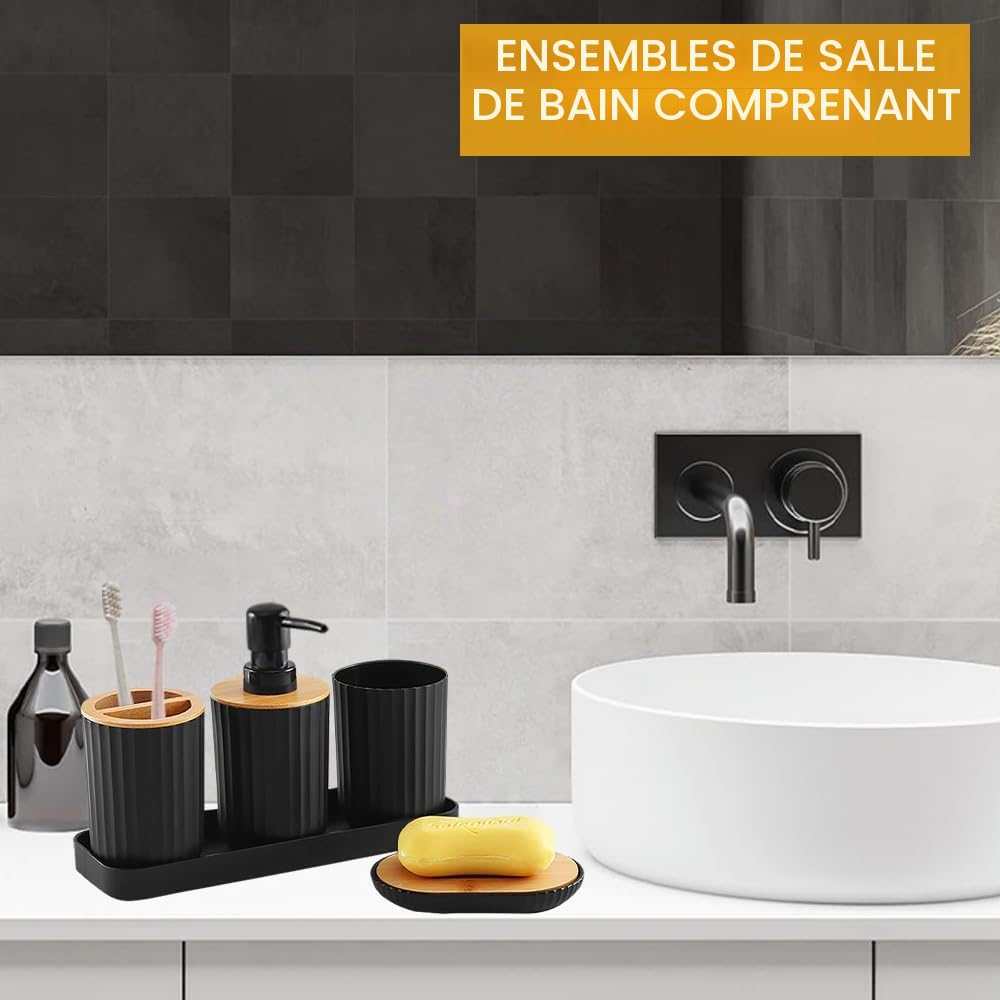 Lot de 5 accessoires de salle de bain en plastique noir incluant distributeur de savon, porte-brosse à dents, tasse et porte-savon