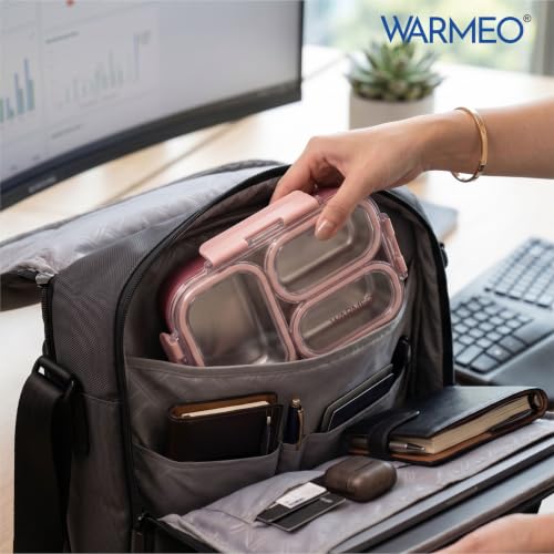 Image of WARMEO BENTO Microwave-Safe Stainless Steel Lunchbox with 3 compartments,bpa Free,Perfect for Office, School, Travelling, 750ml-Pink