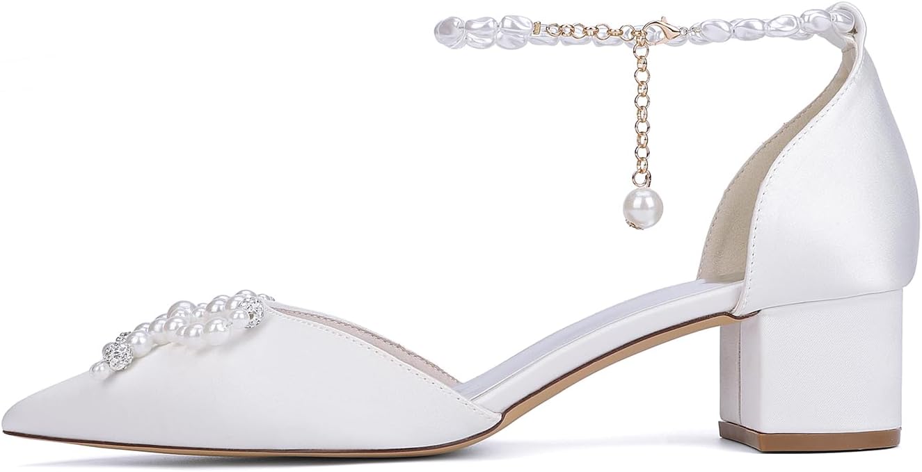 Women's Closed Toe Pearl Wedding Shoes for Bride Low Block Heels Ankle Strap Satin Bridal Shoes - Image 5