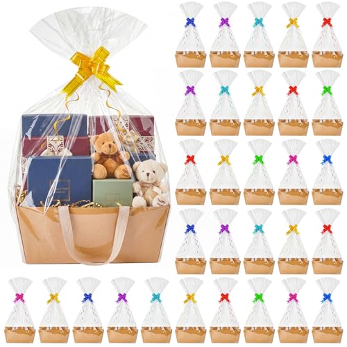 Tuanse 30 Pcs Basket for Gift Empty DIY Bulk Gift Basket Kit with Handle Kraft Cardboard Tray with 30 Bag 30 Bow Market Tray for Wedding Party(Brown 9.8 x 6.5 x 4.3 in)