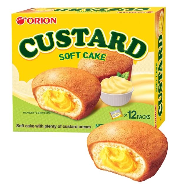 Custard Cream Soft Cake Snack, Korean Custard Filled Sponge Cake, Individually Wrapped Sweet Snack Cakes, Soft Bakery Dessert for Lunch Box, Office & Kids Snacks (12 Pack)