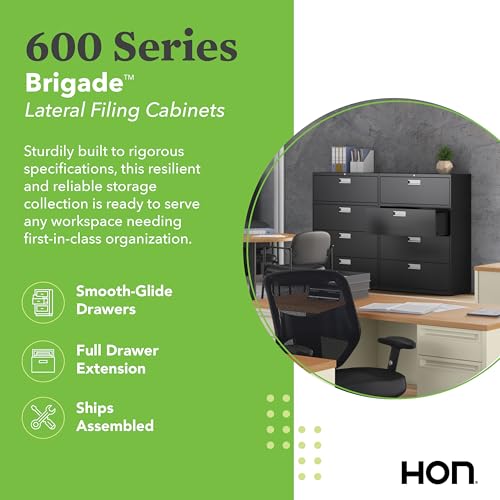 Image of HON 4 Drawer Lateral File Cabinet with Lock, Metal Filing Cabinets for Offices, Adjustable Hangrails for A4, Legal, Letter Files, 18 inch Deep, Black