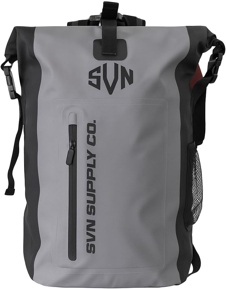 SVN Supply Co. Heavy-Duty Waterproof Backpack – Roll-Top Dry Bag for Hiking, Kayaking, Camping & Outdoor Adventures – Padded Shoulder Straps (Grey)
