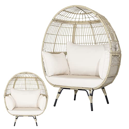 COSTWAY Fauteuil Cocon Œuf sur Pied avec 4 Coussins Épais Charge 205KG, Chaise Relax en Rotin avec Cadre Métallique 110 x 82 x 145CM, pour Patio Cour Salon (Brun Clair)
