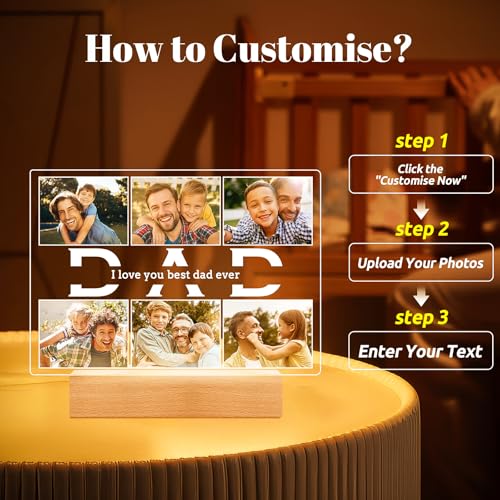 Jkolalin Personalized Gifts for Dad from Daughter and Son, Custom Picture Frames with Photos, Personalized Photo Frame with Night Light, Customized Birthday Gifts for Dad Baby Kid Family