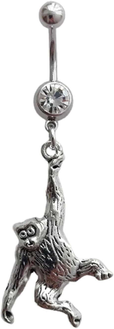 Orangutan Belly Button Ring, Funny, Monkey Dangle Navel Barbell Ring Stainless Steel 14G, Piercing Body Jewelry for Her