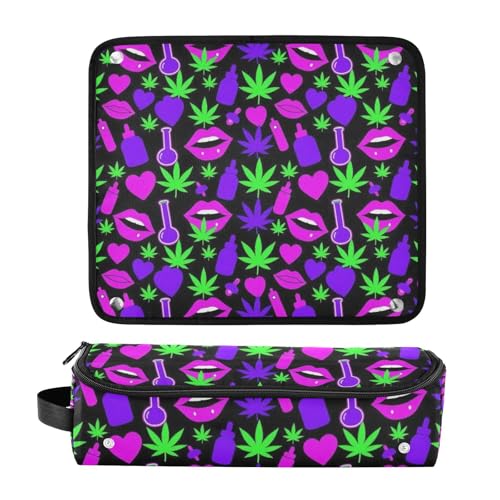 Bolsa organizadora para herramientas de cabello con tapete resistente al calor, impermeable con diseño de hojas y labios neón verde. miniatura 3