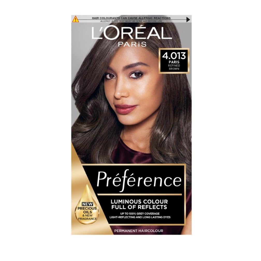 L'Oreal Paris Permanent Hair Dye, Preference 4.013 Paris, 100% Grey Coverage, Long Lasting, Luminous Hair Colour with Anti-Brass Purple Mask, Luminous Reflects, Pack of 1