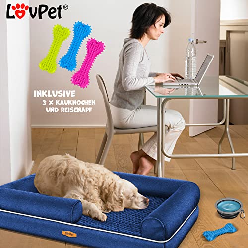 Lovpet® Orthopädisches Hundebett Hundekissen Hundekorb Relax, Inkl. Napf + 3X Kauknochen, Hundesofa für Kleine, Mittelgroße & Große Hunde, Bezug abnehmbar und waschbar, 91x71x22cm Navyblau
