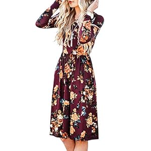ZESICA-Womens-Long-Sleeve-Floral-Pockets-Casual-Swing-Pleated-T-Shirt-Dress ZESICA Women's Long Sleeve Floral Pockets Casual Swing Pleated T-shirt Dress,Small,Burgundy Burgundy Small