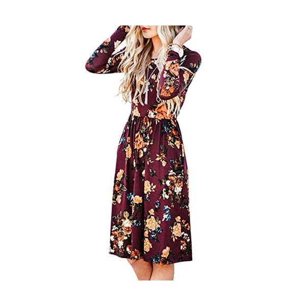 ZESICA-Womens-Long-Sleeve-Floral-Pockets-Casual-Swing-Pleated-T-Shirt-Dress ZESICA Women's Long Sleeve Floral Pockets Casual Swing Pleated T-shirt Dress,Small,Burgundy Burgundy Small