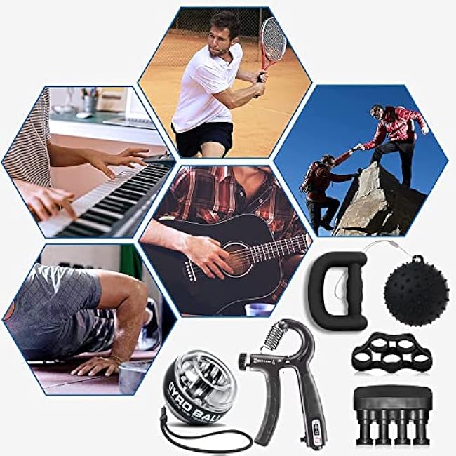 Hand Grip Strengthener Kit Forearm strengthener 6 Pack, Adjustable Hand Grip Strengthener, Finger Exerciser, Finger Strengthener, Hand Gripper, Wrist Gyro Ball, Stress Relief Grip Ball with Carry Bag