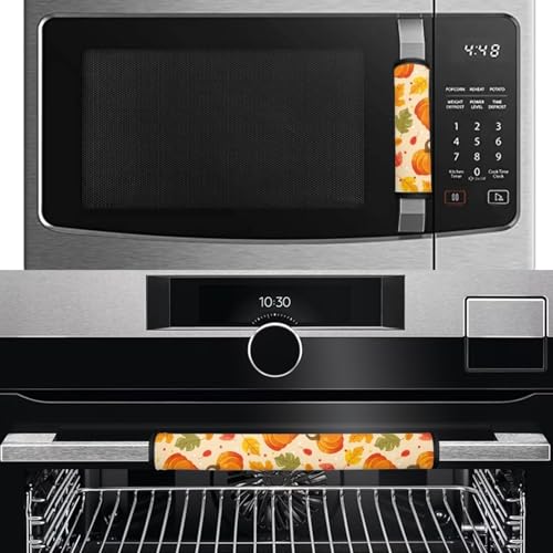 Image of Dreaweet Pumpkin and Maple Leaf Print Refrigerator Door Handle Covers Fall Kitchen Decor Fridge Handle Covers Set of 4 Washable Universal Fit Oven Microwave Dishwasher