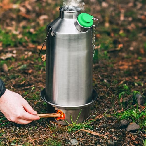 Kelly Kettle Base Camp Stainless Steel Basic Kit 54 oz.(1.6 LTR) Large Stainless Steel Camp Kettle, Lightweight Camping Kettle with Whistle, Camp Stove for Fishing, Hunting, Hiking, Survival Gear