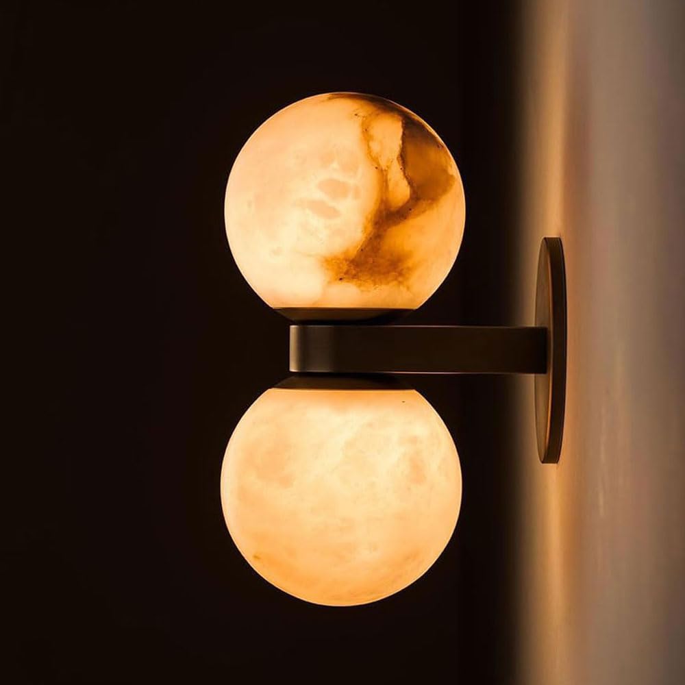 GUOGUOSM 9in 2-Light Alabaster Wall Light, Nordic Industrial Style Marble Copper Wall Lamp, G9 Screw Indoor Wall Sconce, Porch Dressing Table Living Room Decorative Lighting Fixtures.
